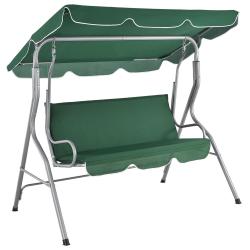 Kovová zahradní houpací lavice s látkovým potahem a sluneční stříškou zelená trojmístná