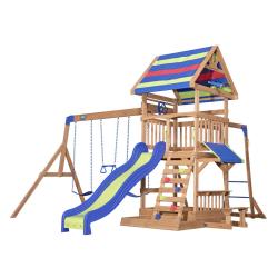 Dětské velké hrací centrum na zahradu dřevěné- věž se skluzavkou a houpačkami 137x429x300 cm
