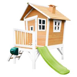 Dětský hrací masivní dřevěný domeček se skluzavkou na kůlech vyvýšený hnědá / bílá 177x264x203 cm