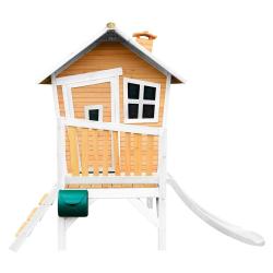 Dřevěný zahradní domek s klouzačkou pro malé děti hnědá / bílá 177x264x203 cm