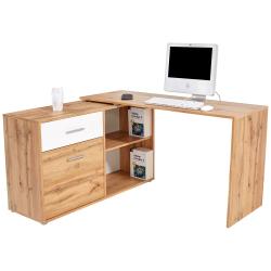 Rohový kancelářský stůl pod pc dub wotan / bílá, se skříňkou, 120x138 cm