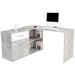 Rohový kancelářský stůl pod pc beton šedý / bílá, se skříňkou, 120x138 cm