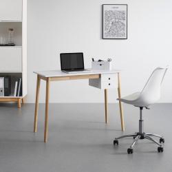 Skandinávský psací stůl bílá / dřevo hnědé přírodní, zásuvka pod pracovní plochou, 106x48 cm